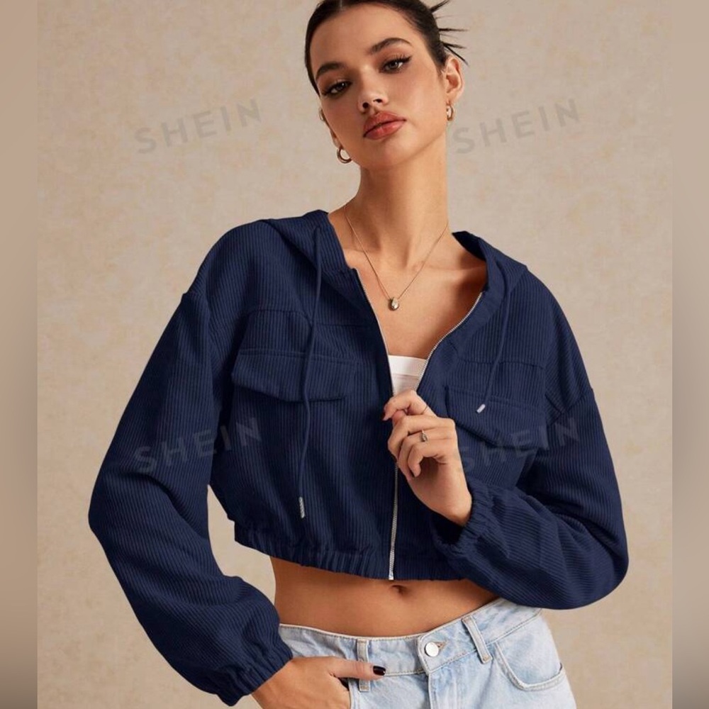 SHEIN Navy Blue Corduroy Cropped Jacket with Hood, Zipper,Two Front Faux Pockets